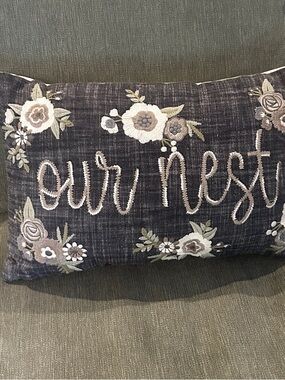 Kirklands Grey Embroidered "Our Nest" Floral Accent Pillow